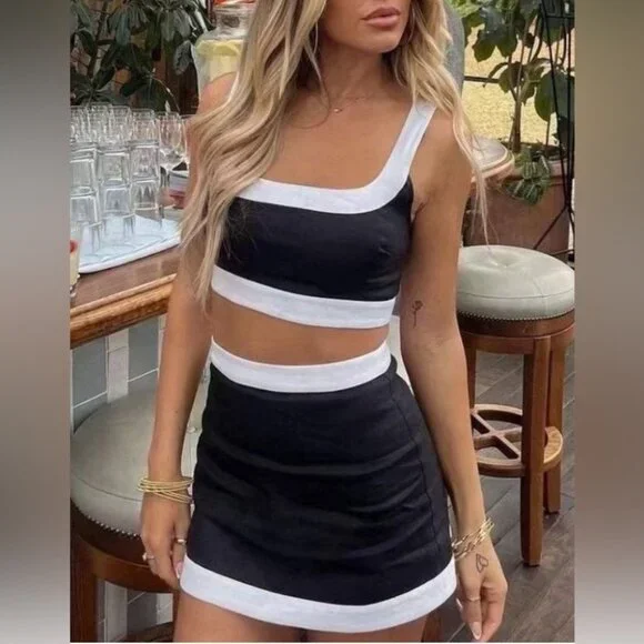 NWT Reformation Robbie Linen Two Piece  Matching Set in Black & White - size 4 - Picture 3 of 10